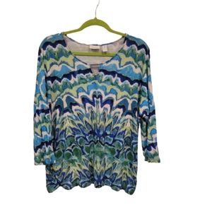 Chico's Aqua Multicolor Pattern Keyhole Top XL Chico's Size 3